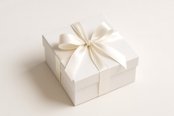 Luxurious white gift box with elegant satin ribbon bow on a soft white background, perfect for presenting wedding or anniversary presents mockup