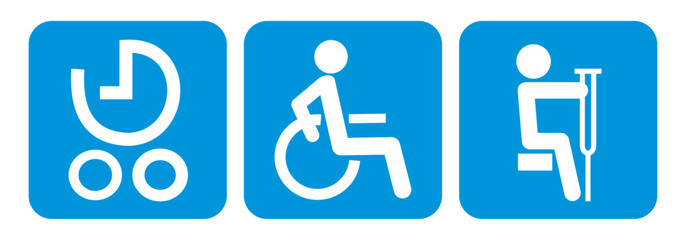 Set of three symbols, barrier-free access icon, wheelchair, stroller, disabled person, pictograms on means of transport, train, bus, reserved spaces, vector