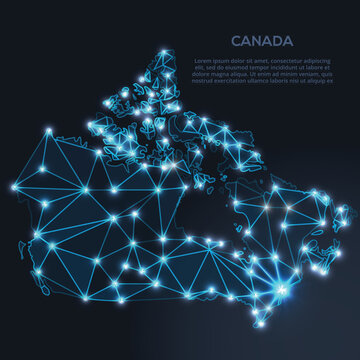 Geometric low-poly vector depiction of Canada, showing illuminated cities and population clusters as sparkling dots and space-inspired stars. digital communication network
