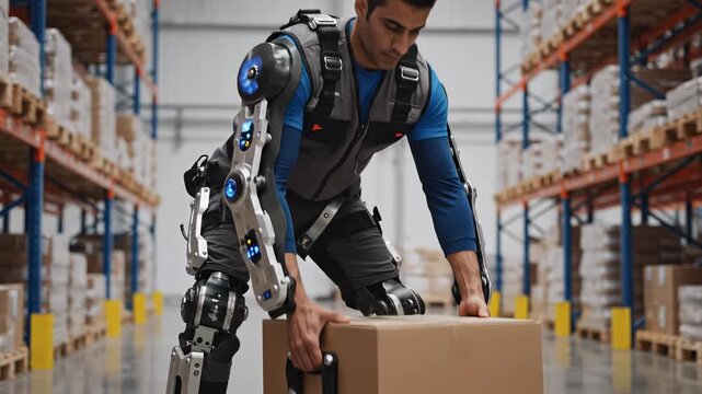 Close-up cinematic video of warehouse worker using industrial exoskeleton while lifting box, showcasing modern logistics technology, human&ndash;machine collaboration and workplace safety