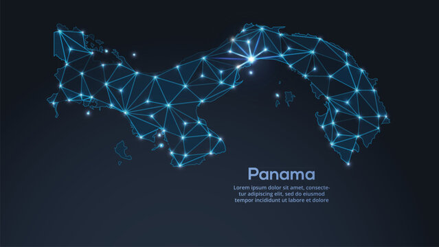 Geometric low-poly vector depiction of Panama, showing illuminated cities and population clusters as sparkling dots and space-inspired stars. digital communication network