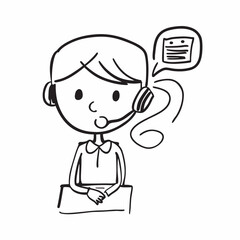 Cute minimalist call center agent silhouette with headset. Clean doodle line art vector icon isolated on white for support brands.