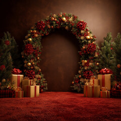 Luxury Christmas Wreath Arch Backdrop with Warm Festive Lighting, Elegant Christmas Photo Backdrop with Wreath Arch and Gifts