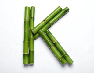 Fototapeta premium A close-up shot of the letter 'K' creatively assembled using green bamboo stalks. The natural stems are placed against a white backdrop
