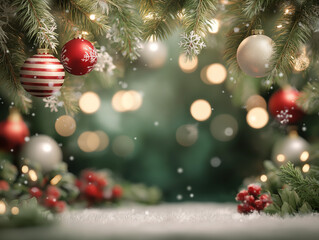 Photorealistic Christmas Party Background with Elegant Ornaments, Snowflakes, Fairy Lights, and Green Copy Space, Luxury Christmas Holiday Background with Festive Decorations, Fir Branches, Snow.
