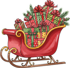 Santa's sleigh overflowing with christmas presents isolated on transparent background