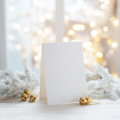 Elegant Christmas Invitation Card Mockup with Evergreen and Golden Bells, Luxury Winter Holiday Invitation Card Mockup with Festive Bokeh Lights