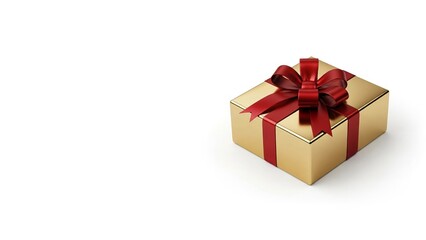 Obraz premium Golden gift box with red ribbon and bow, perfect for Christmas, birthday, or celebration on white background. Banner template for New Year card and holiday posters with copy space.