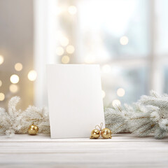 Elegant Christmas Invitation Card Mockup with Evergreen and Golden Bells, Luxury Winter Holiday Invitation Card Mockup with Festive Bokeh Lights