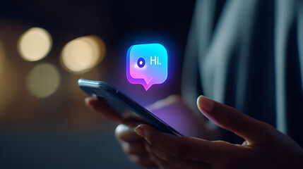 Person holding glowing chat bubble on smartphone screen hands mobile device image