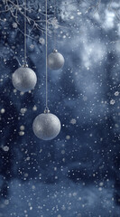 Serene Winter Christmas Evening with Silver Ornaments and Magical Snowfall Background, Ultra-Realistic Festive Winter Night Scene with Snowflakes and Elegant Christmas Decorations
