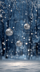 Serene Winter Christmas Evening with Silver Ornaments and Magical Snowfall Background, Ultra-Realistic Festive Winter Night Scene with Snowflakes and Elegant Christmas Decorations