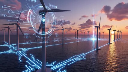 Aerial drone footage of offshore wind farm at sunset with digital energy flow overlays. Futuristic visualization of renewable power generation and sustainable technology concept. - Powered by Adobe