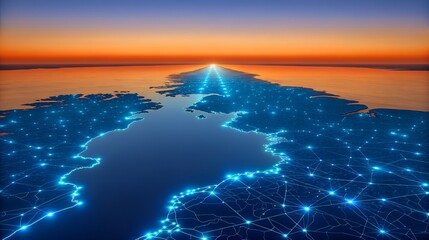Glowing network visualization at sunset over water