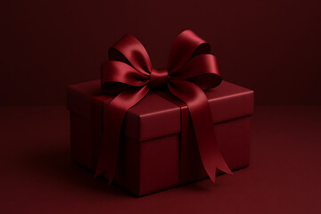 Obraz premium Rich dark maroon gift box tied with a silky satin bow, monochrome still life with subtle shadows and deep red background mockup