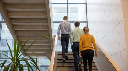 Fototapeta premium Three colleagues ascend a modern office building staircase, bathed in natural light from large windows.