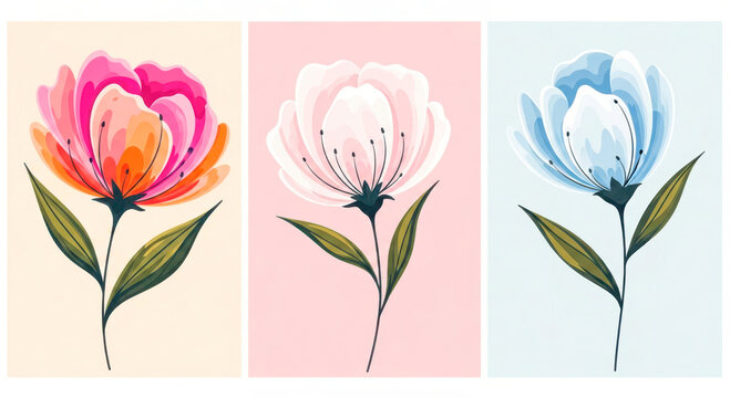 Luxury Floral Wall Art Design with Triptych of Watercolor Abstract Tulips in Pink Orange and Blue