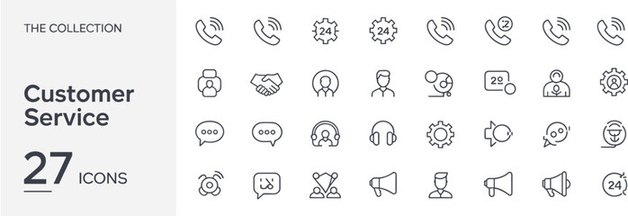 Set of 27 Editable Stroke Line Vector Customer Service Icons, Featuring Call, Support, Help Desk, Communication, and 24-Hour Assistance Symbols.