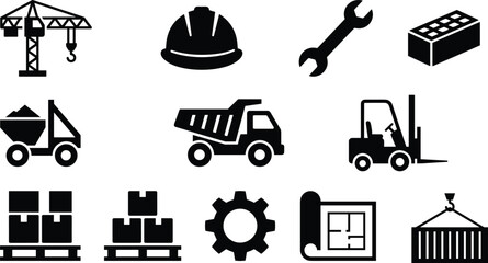 Construction and industrial icon set including crane, hard hat, forklift, dump truck, tools and warehouse logistics symbols isolated © Aiyan
