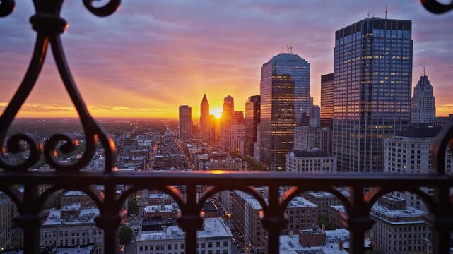 Sunset timelapse from the building balcony overlooking a cityscape with a railing in the foreground and skyscrapers against a vibrant orange and purple sky.