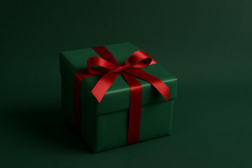 Deep forest green present box with a contrasting bright red ribbon, evoking traditional christmas holiday colors and cheer mockup