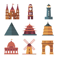Global heritage landmark illustration set featuring temples towers domes windmills arches pyramids cultural travel architecture flat vector design