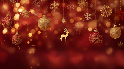 Luxury Deep Red Christmas Background With Golden Snowflakes And Ornaments, Festive Red Christmas Background With Gold Baubles Lights And Reindeer