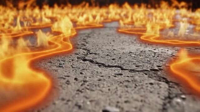 Fiery pattern on asphalt surface at night