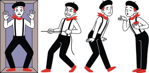 Mime artist character set showing emotions, performance gestures, storytelling poses, theatrical expressions and body language illustration isolated