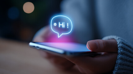 Person holding phone with glowing hi message bubble hands smartphone