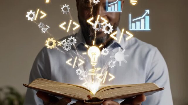 African American man opens book releasing innovative ideas. Light bulbs, code symbols, and rising graphs emerge from pages. Concept of knowledge sparking programming and business growth.