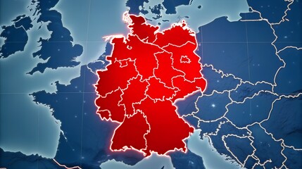 Map of germany highlighted in red on european background