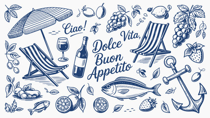 Italian Beach Vacation and Seafood Illustration with Dolce Vita Text © MdRafiqul