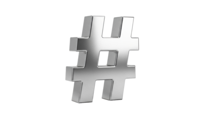 Silver hashtag symbol isolated PNG on transparent background, social media sign for web design and marketing