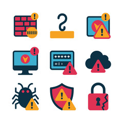 System security and cyber alert icon collection with malware shield password lock error warning symbols flat vector illustration design © RA Studio