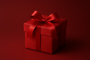Obraz premium Minimalist dark red square gift box with elegant silky ribbon bow for holiday celebration and special occasions mockup