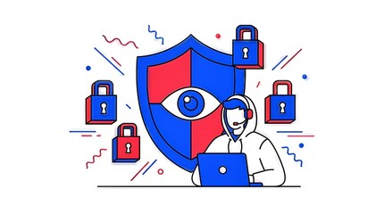 A person in a hoodie with a laptop, surrounded by a shield with an eye and multiple padlocks, representing cybersecurity and data protection.