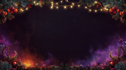 Dark Christmas Vignette Border With Krampus Horns And Glowing Lights, Eerie Festive Christmas Frame With Krampus Horns And Mystic Smoke