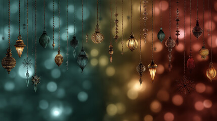 Photorealistic Christmas Gradient Background With Hanging Lights And Festive Decorations, Elegant Christmas Holiday Background With Gradient And Realistic Hanging Lights