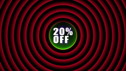 Bright red circular wave pattern with a glowing green ring and Generate title without using the word "Title:" before it. white twenty percent off text circle