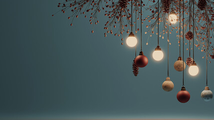 Photorealistic Christmas Gradient Background With Hanging Lights And Festive Decorations, Elegant Christmas Holiday Background With Gradient And Realistic Hanging Lights