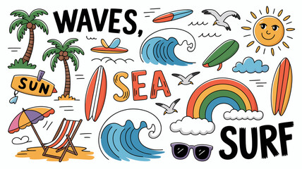 Naklejka premium Vibrant Beach Scene with Waves, Surfing, and Tropical Elements