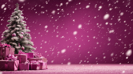 Magenta Christmas Background With Festive Tree, Gifts, And Falling Snow, Festive Magenta Holiday Scene With Christmas Tree, Presents, Snowfall