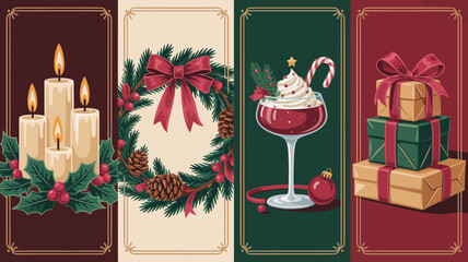Festive Holiday Illustrations: Candles, Wreath, Drink, Gifts