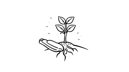 Hand-drawn green vector illustration of a hand holding a plant sprout, symbolizing nature's spring growth and eco-friendly design