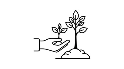 Hand holding a green vector silhouette of a tree, symbolizing growth, life, and environmental design concept