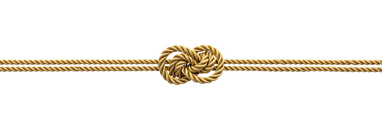 Close-up of a strong, secure knot formed from two intertwined golden ropes on a white background