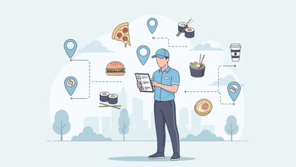 Delivery driver with a tablet and various food items on a map