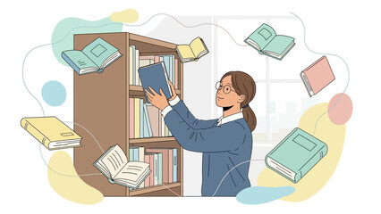 Young woman choosing a book from a bookshelf