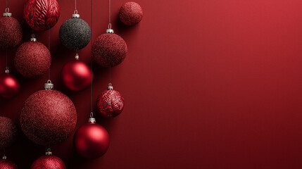 Red background with Christmas ornaments in one corner, large empty copy space, modern and minimalistic holiday design